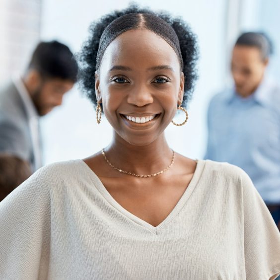 Business woman with smile at company office, leadership of teamwork and happy of planning for succe